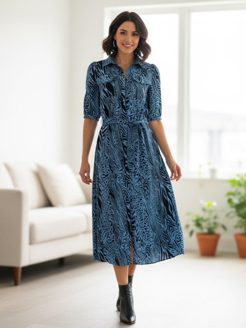 Sugar + Lips Blue Black Animal Print Zebra Leopard Maxi Shirt Dress S